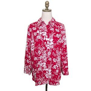 Coldwater Creek Button Up Shirt Plus Size 1X Red White Floral 3/4 Sleeve